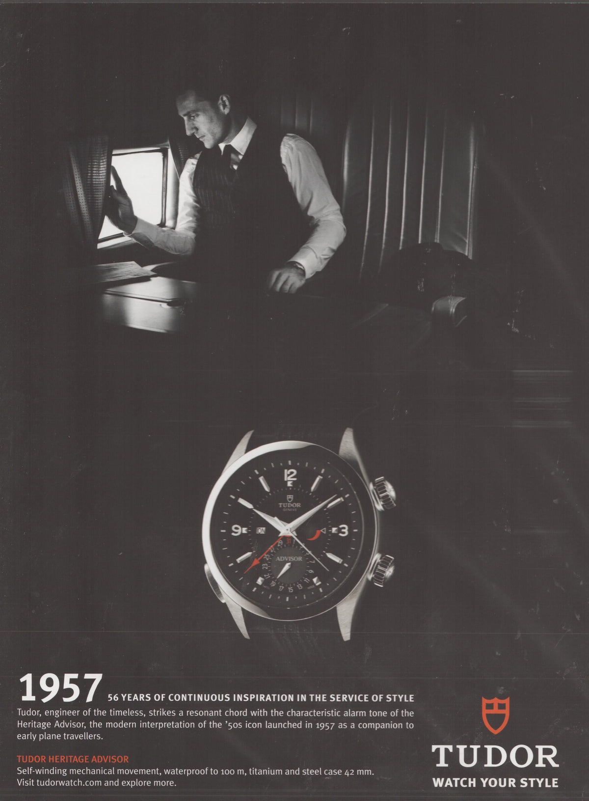 Vintage 2013 Tudor Heritage Advisor original print advertisement, black and white image of man aboard aircraft with product shot of alarm watch with red accent hand