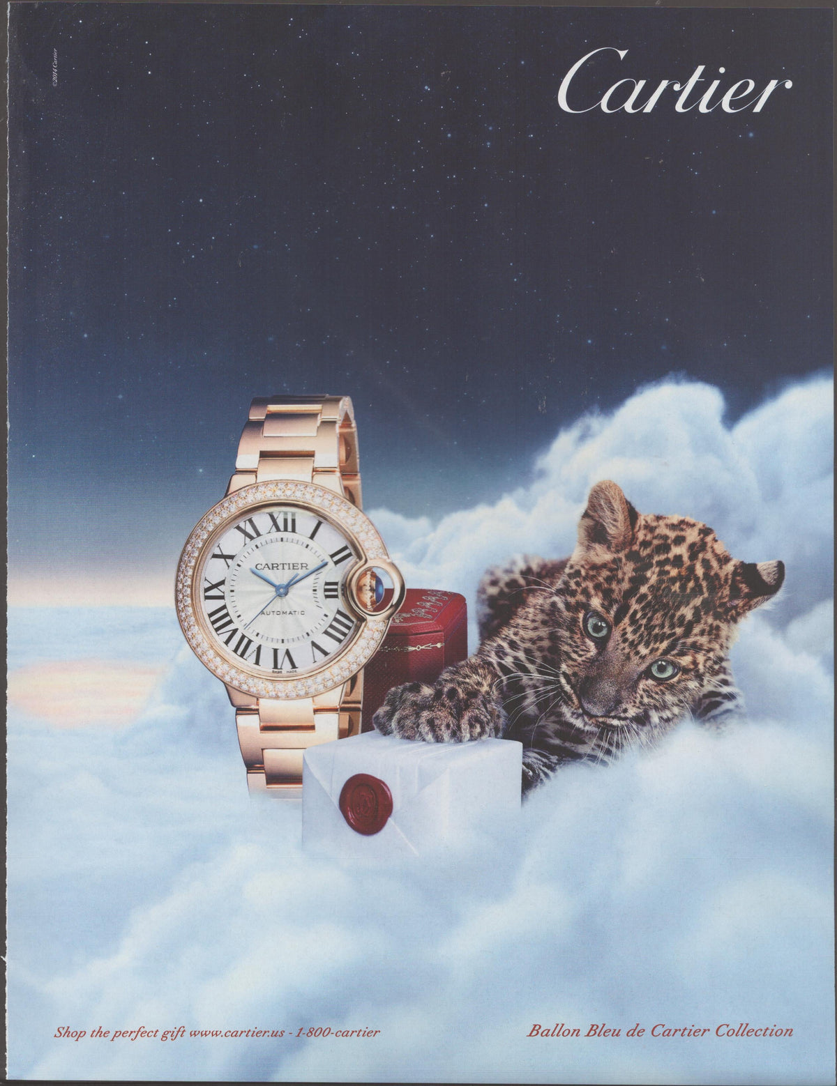 Vintage 2009 Cartier Ballon Bleu de Cartier original print advertisement, rose gold diamond watch and leopard cub resting on clouds beneath a starry night sky