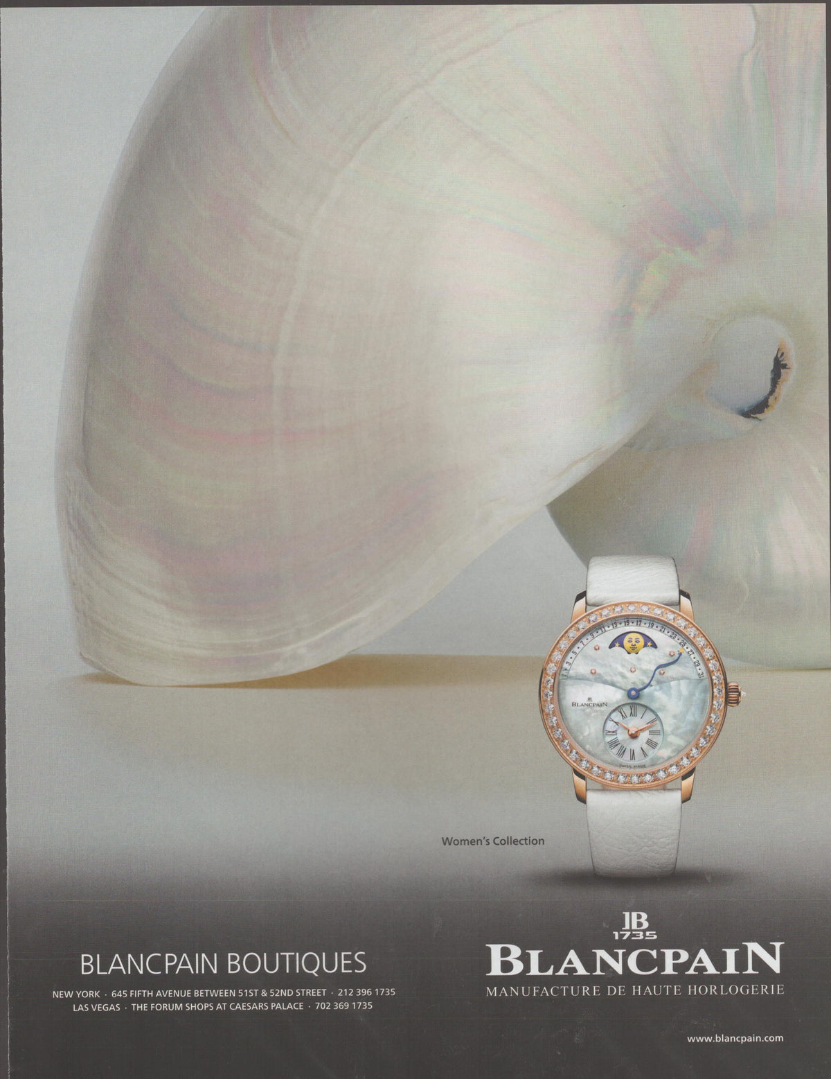 Vintage 2000s Blancpain Women's Collection original print advertisement, rose gold diamond moon phase watch beside luminous nautilus shell on soft grey background