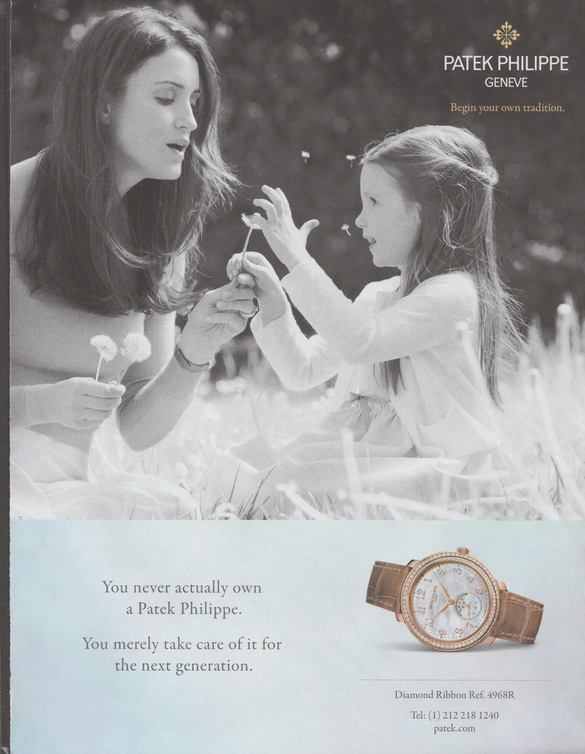 Vintage 2000s Patek Philippe Diamond Ribbon Ref. 4968R original print advertisement, black and white photo of mother and daughter with dandelions, rose gold watch shown below with iconic generations tagline