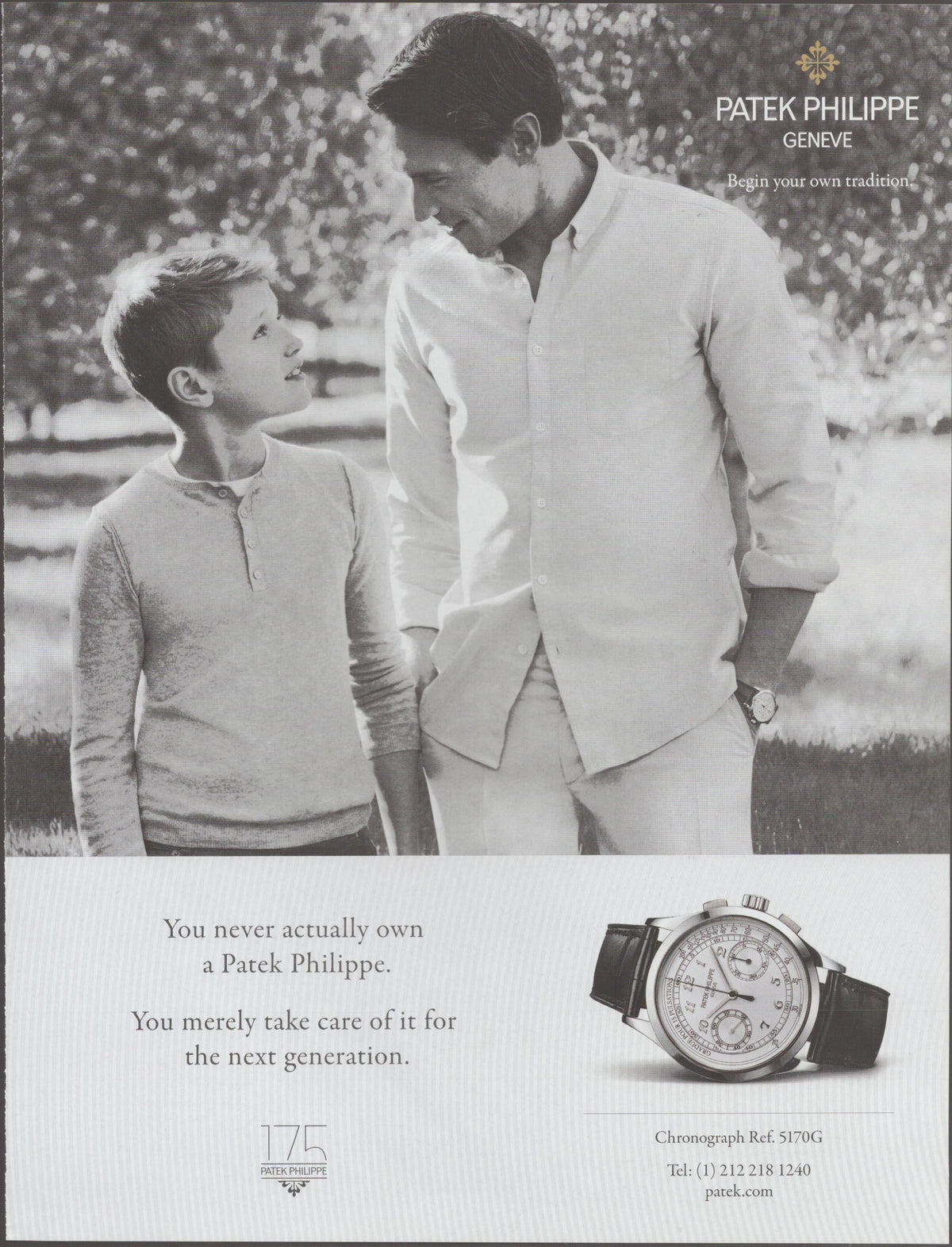 Vintage 2014 Patek Philippe Chronograph Ref. 5170G original print advertisement, black and white image of father and son outdoors with watch detail below and iconic 'next generation' tagline
