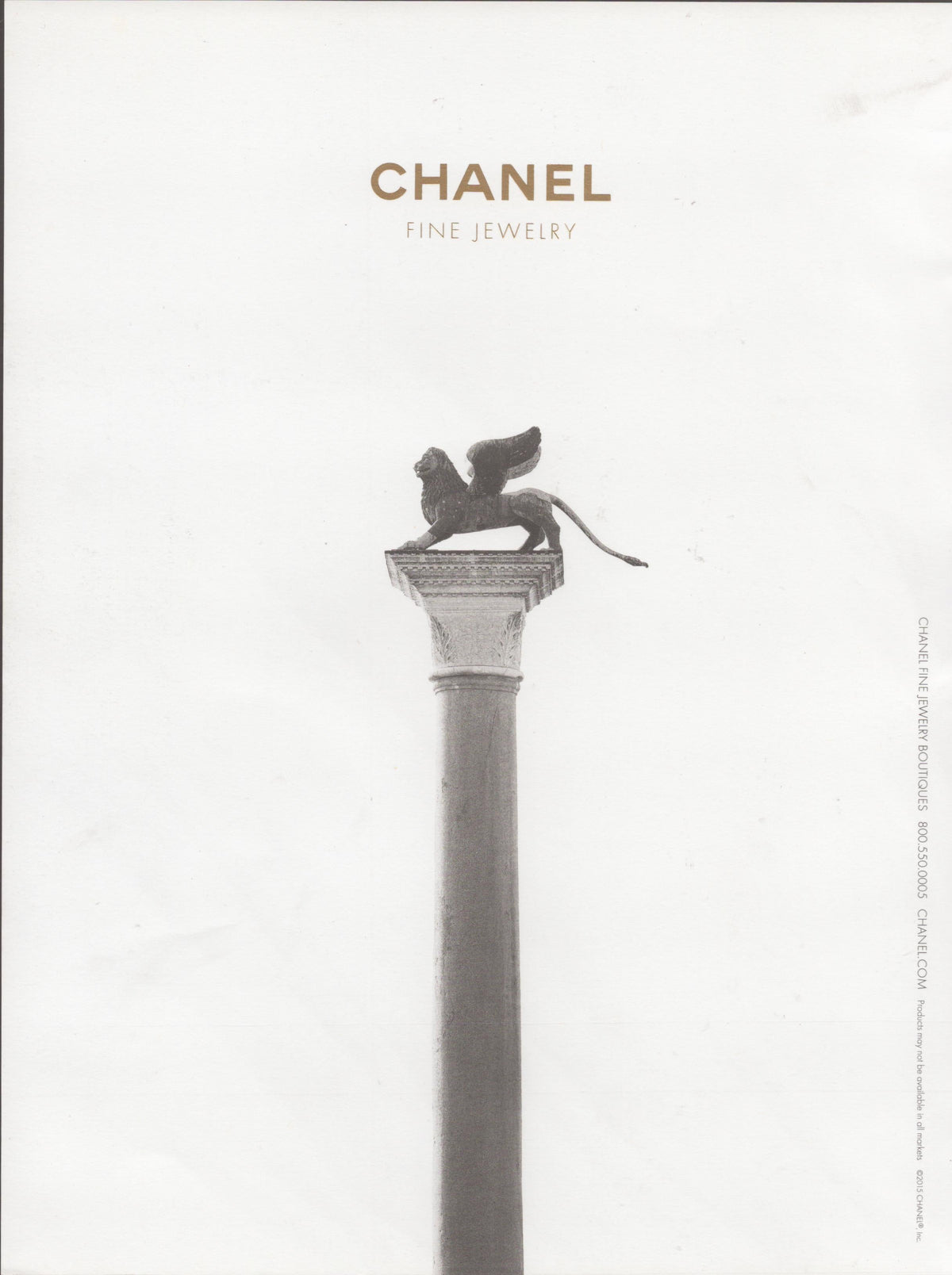 Vintage 2003 Chanel Fine Jewelry original print advertisement, minimalist white background with the winged Lion of St. Mark atop a tall column in Venice