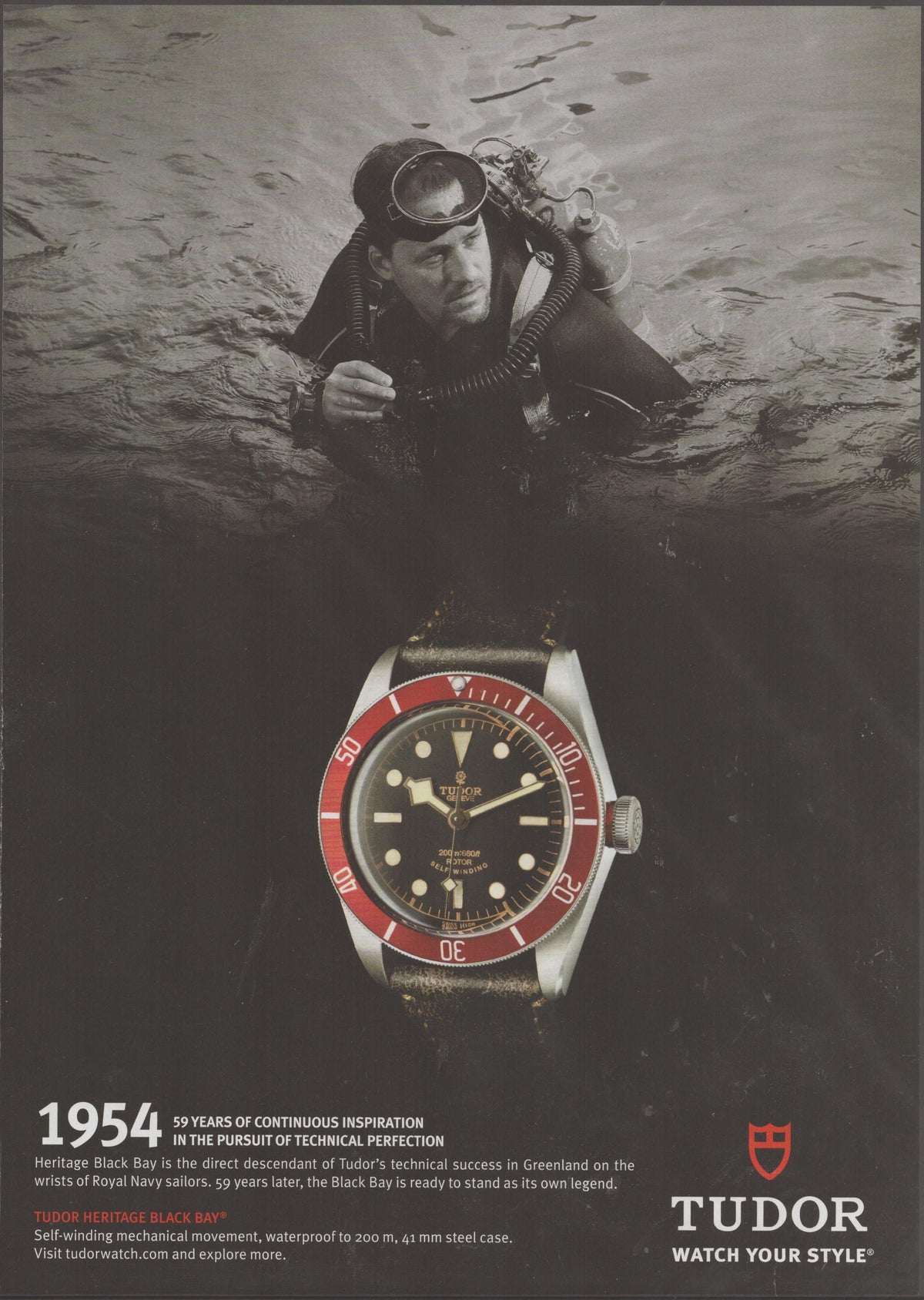 Vintage 2013 Tudor Heritage Black Bay original print advertisement, split underwater scene with scuba diver emerging from water above red-bezel dive watch