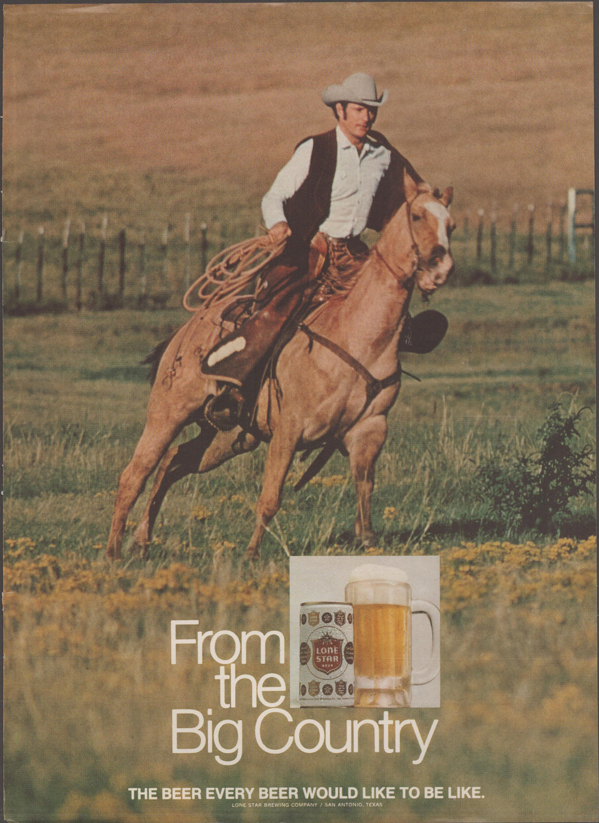 Vintage 1970s Lone Star Beer original print advertisement, cowboy on horseback in open Texas ranch landscape with beer mug and can, 'From the Big Country' tagline