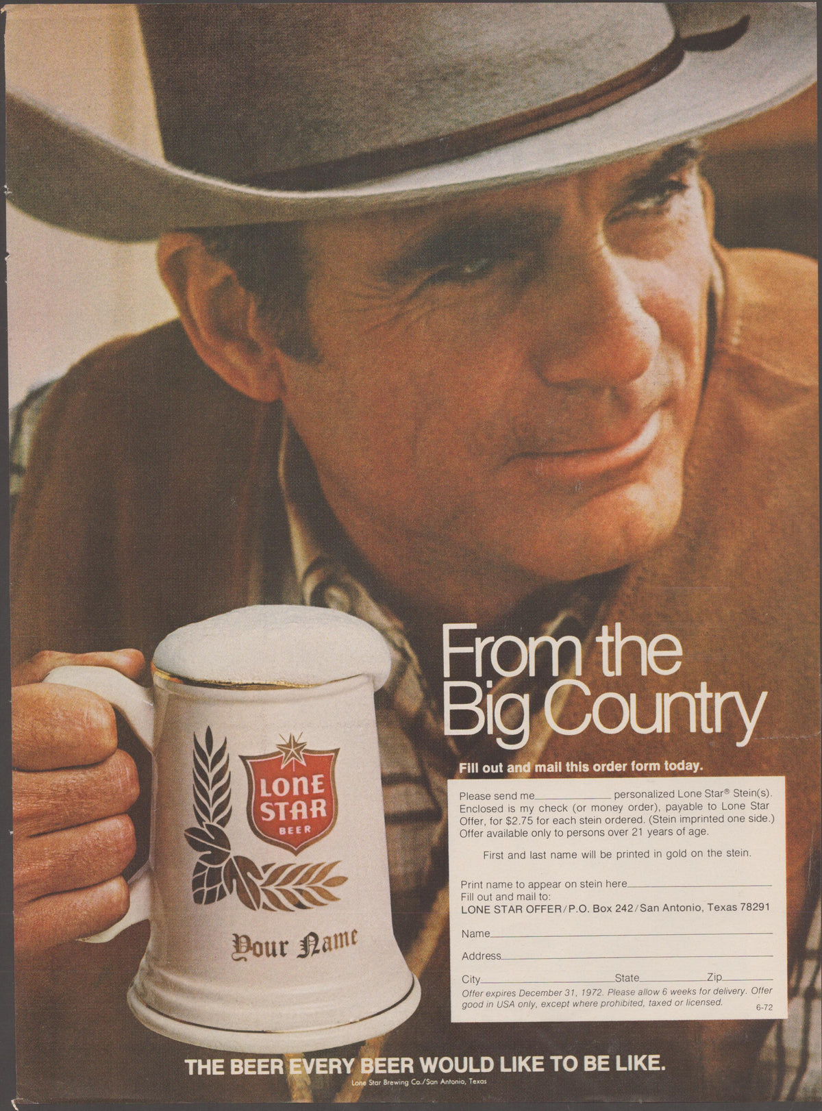 Vintage 1972 Lone Star Beer original print advertisement, rugged cowboy holding personalized ceramic beer stein with 'From the Big Country' headline