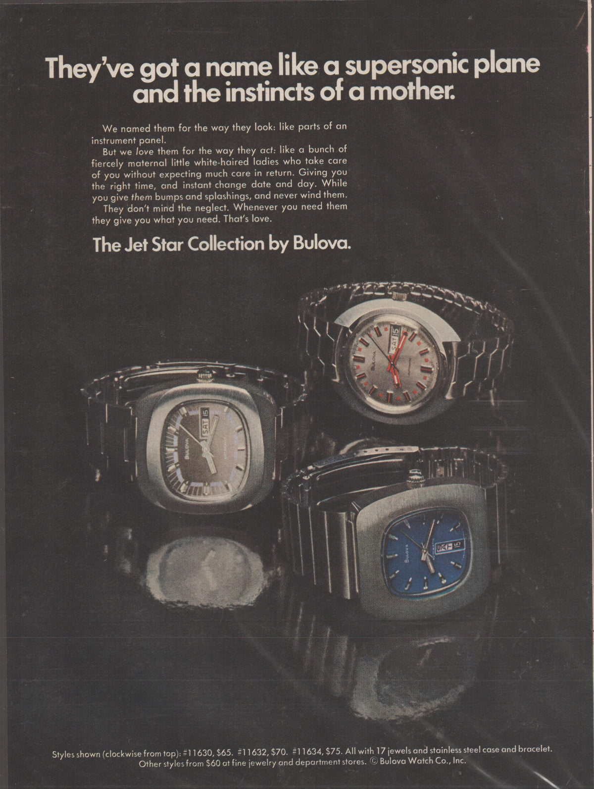 Vintage 1971 Bulova Jet Star Collection original print advertisement, three stainless steel cushion-case watches dramatically lit against black background