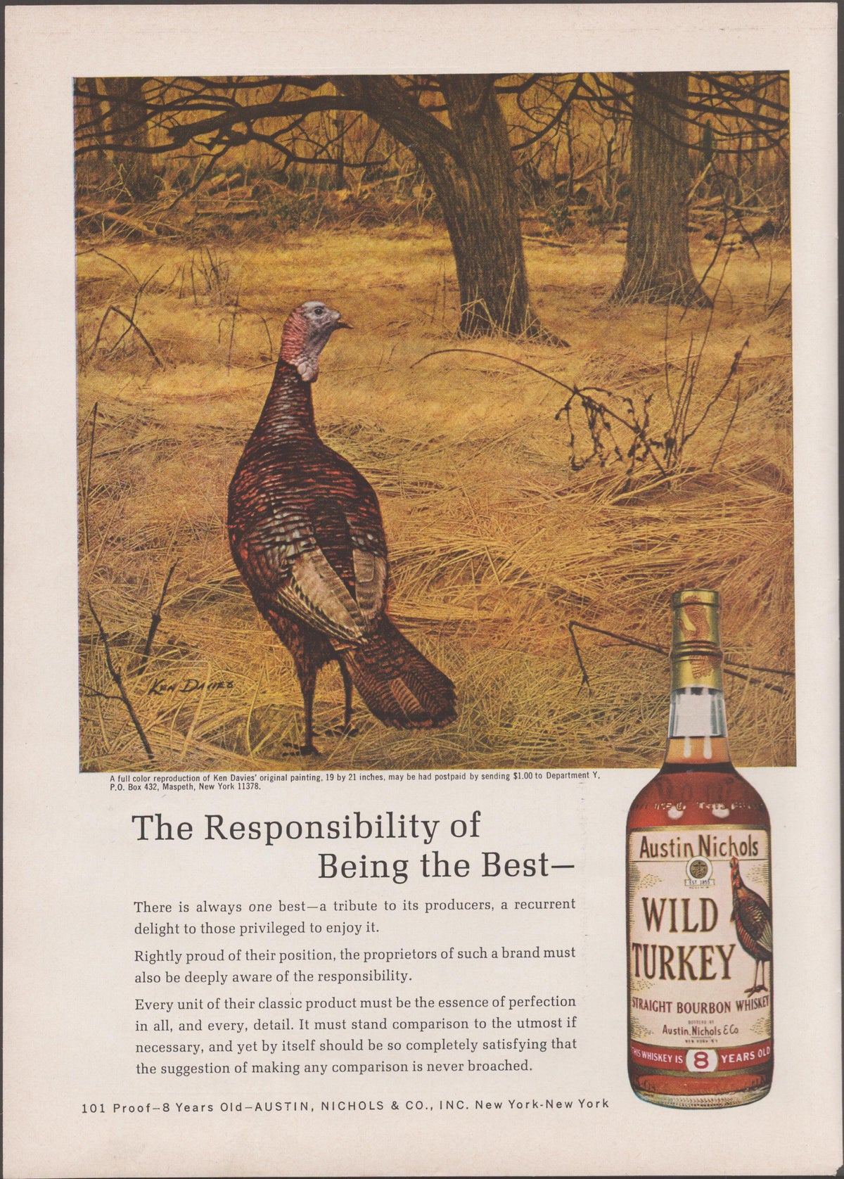 Vintage 1960s Wild Turkey Straight Bourbon Whiskey original print advertisement, featuring Ken Davies wildlife painting of a wild turkey in autumn woodland with bottle and 'Responsibility of Being the Best' headline