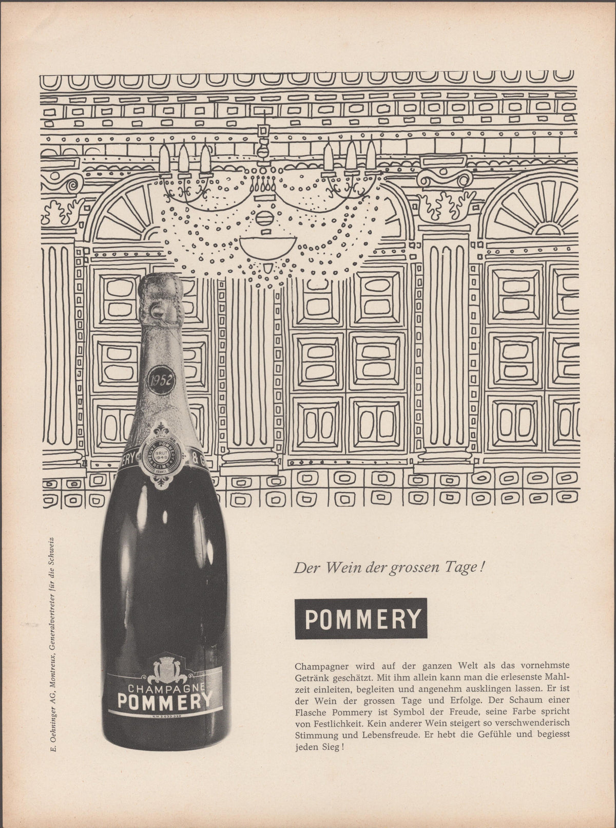 Vintage 1950s Pommery Champagne original print advertisement, black and white illustration of a Baroque palace facade with a photographic champagne bottle in the foreground