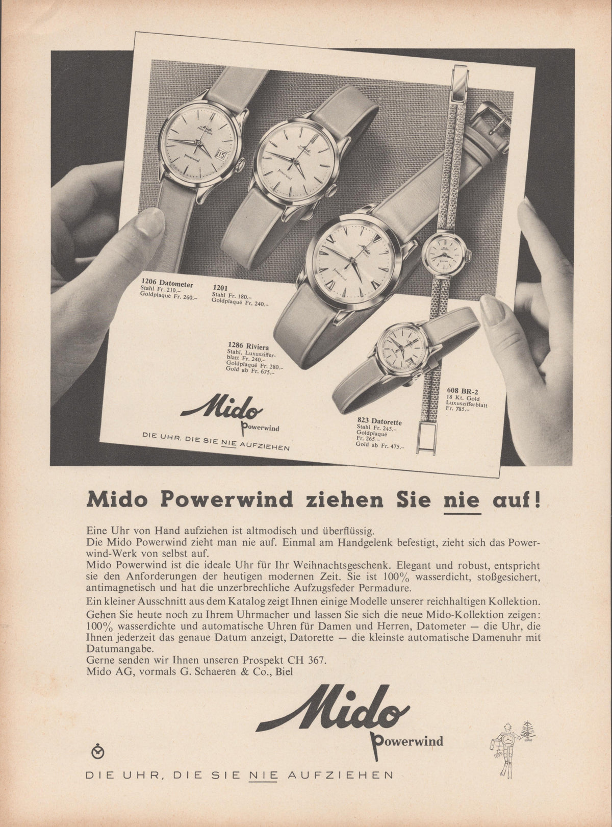 Vintage 1950s Mido Powerwind original print advertisement, black and white image of five automatic watch models including Datometer and Datorette references with German text