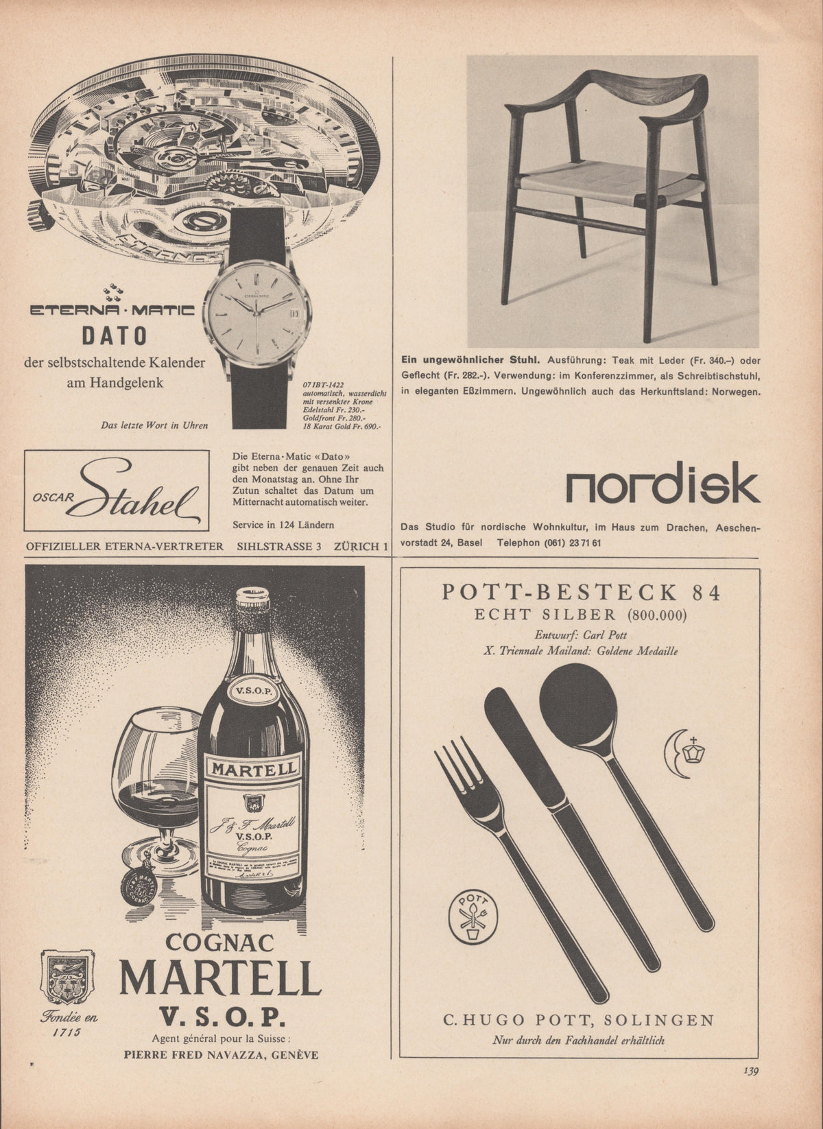 Vintage 1950s Eterna-Matic Dato original print advertisement, black and white Swiss page featuring watch movement illustration and Martell V.S.O.P. Cognac bottle with snifter