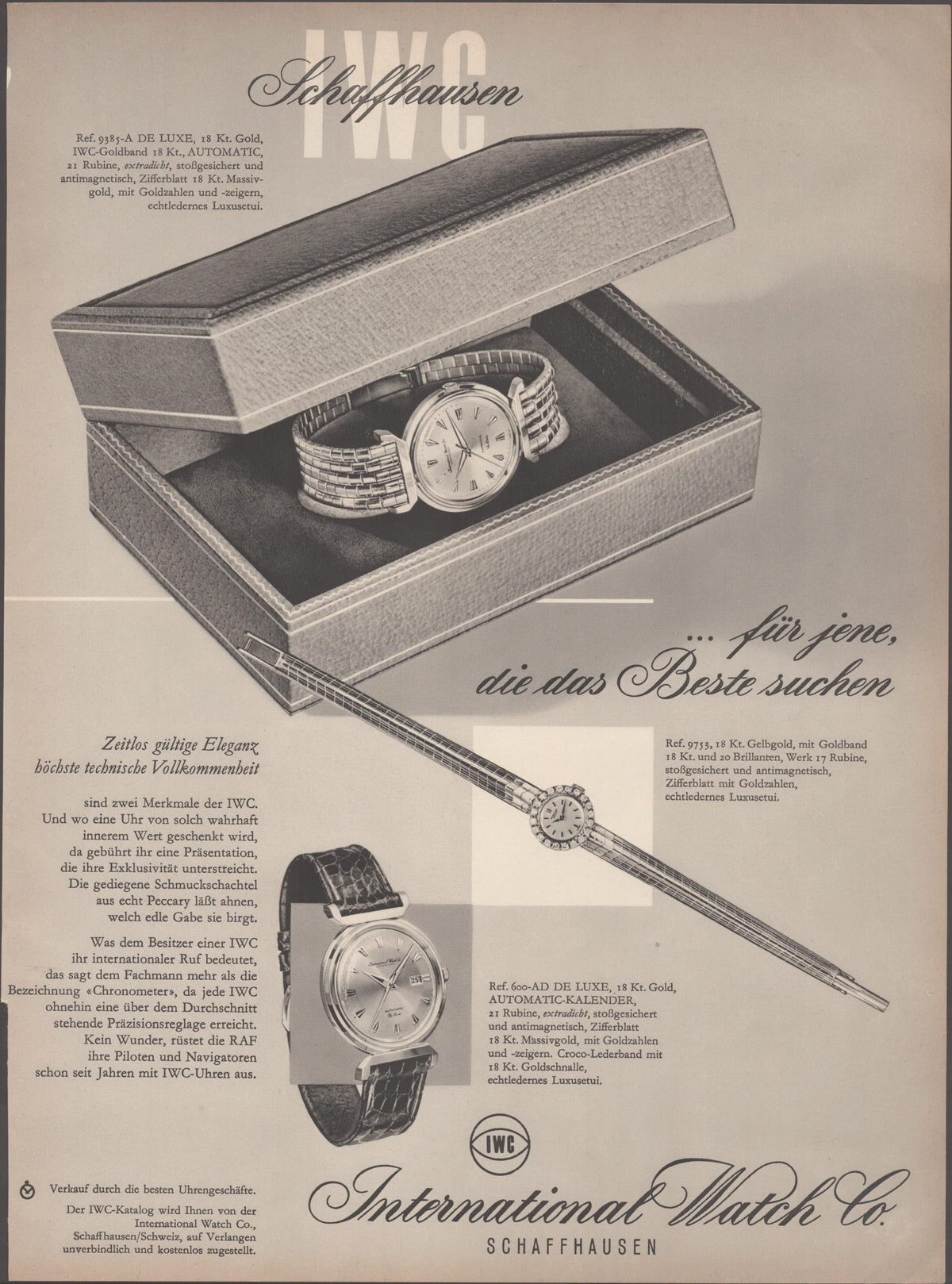 Vintage 1950s IWC Schaffhausen De Luxe original print advertisement, black and white German-language ad featuring three luxury watch references presented in a peccary leather gift box