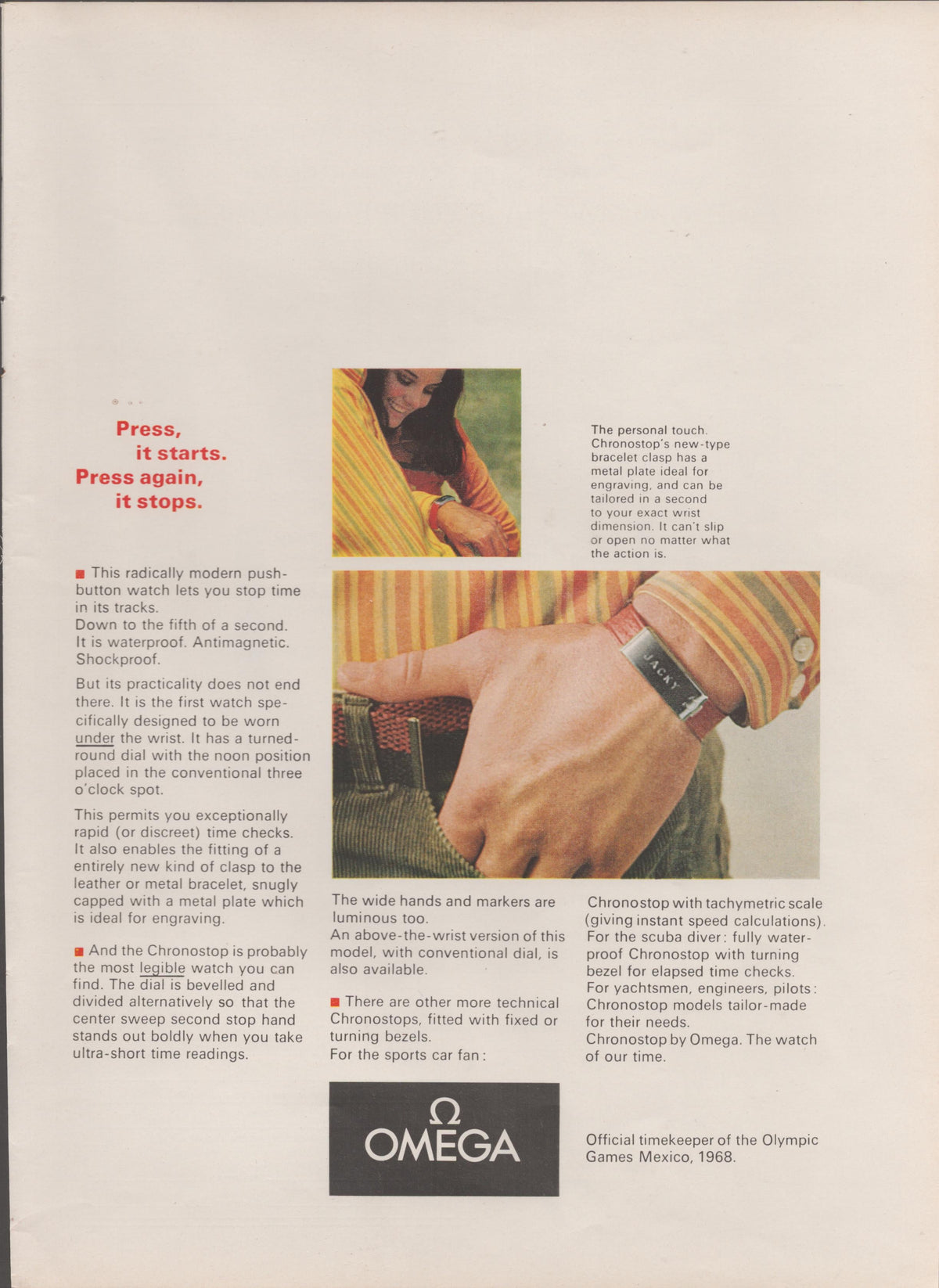 Vintage 1968 Omega Chronostop original print advertisement, featuring close-up of watch worn under the wrist with colorful striped sleeve background and Olympic Games Mexico 1968 reference