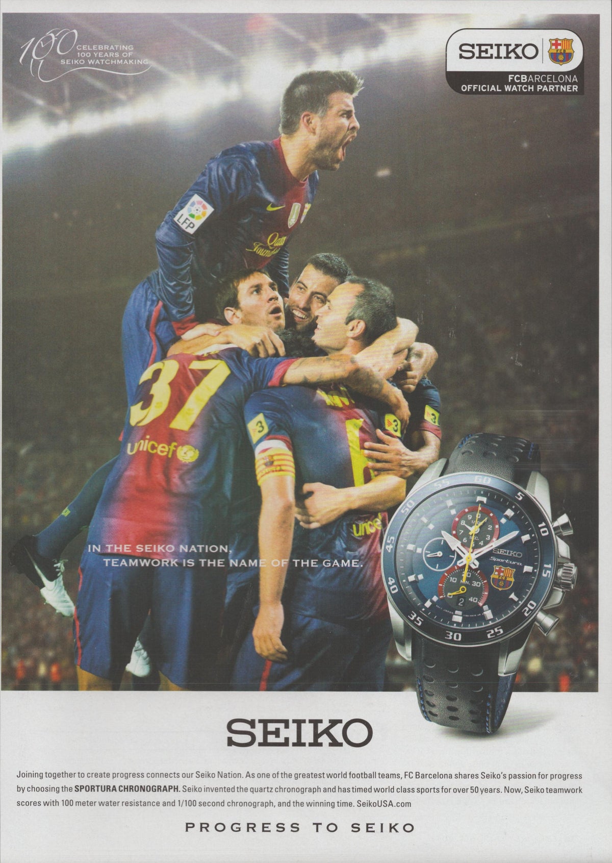Vintage 2012 Seiko Sportura Chronograph original print advertisement, FC Barcelona players celebrating a goal with Seiko Sportura watch inset
