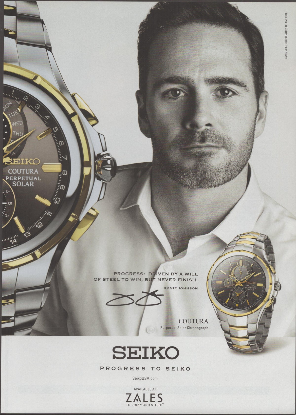 Vintage 2015 Seiko Coutura Perpetual Solar original print advertisement, black and white portrait of Jimmie Johnson with two-tone gold and steel chronograph watch