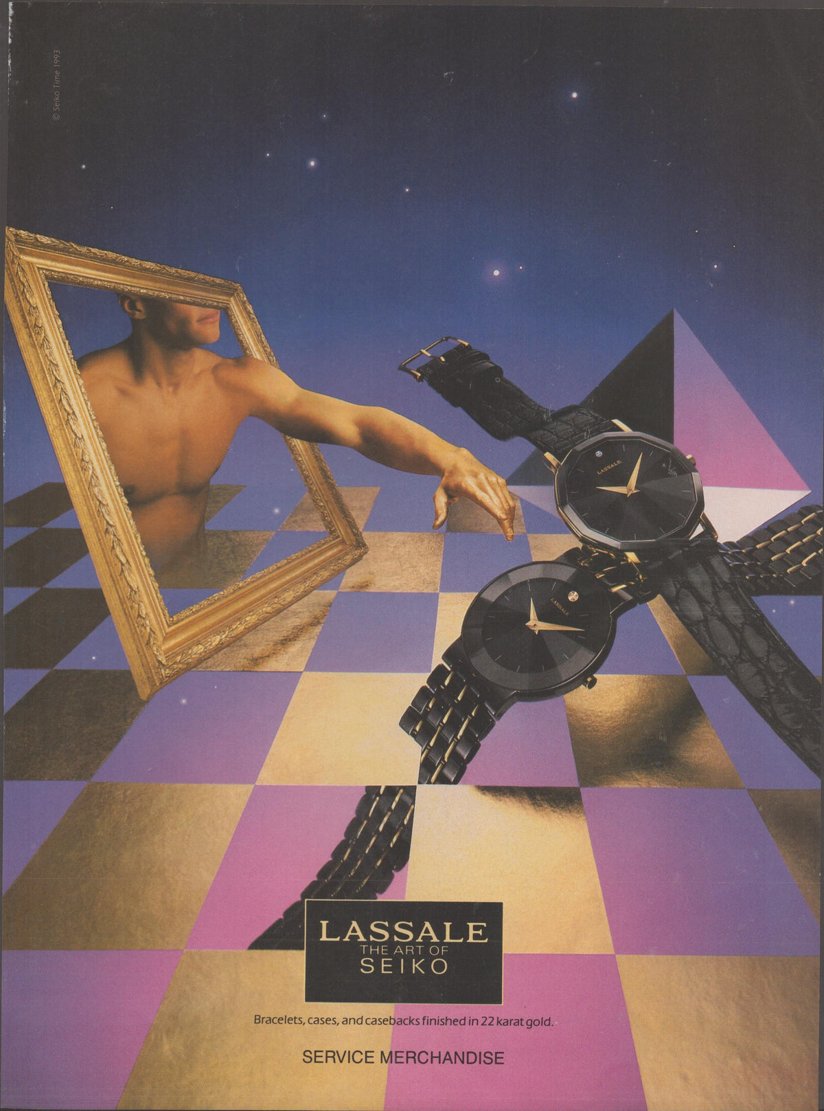 Vintage 1985 Lassale by Seiko original print advertisement, surrealist scene with figure emerging from gold frame reaching toward two black and gold dress watches on a geometric checkered background