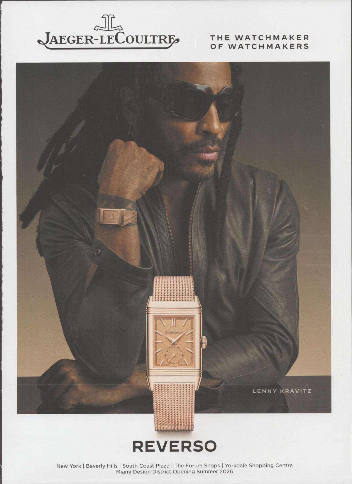 Vintage Jaeger-LeCoultre Reverso original print advertisement featuring Lenny Kravitz wearing rose gold Reverso with milanese mesh bracelet