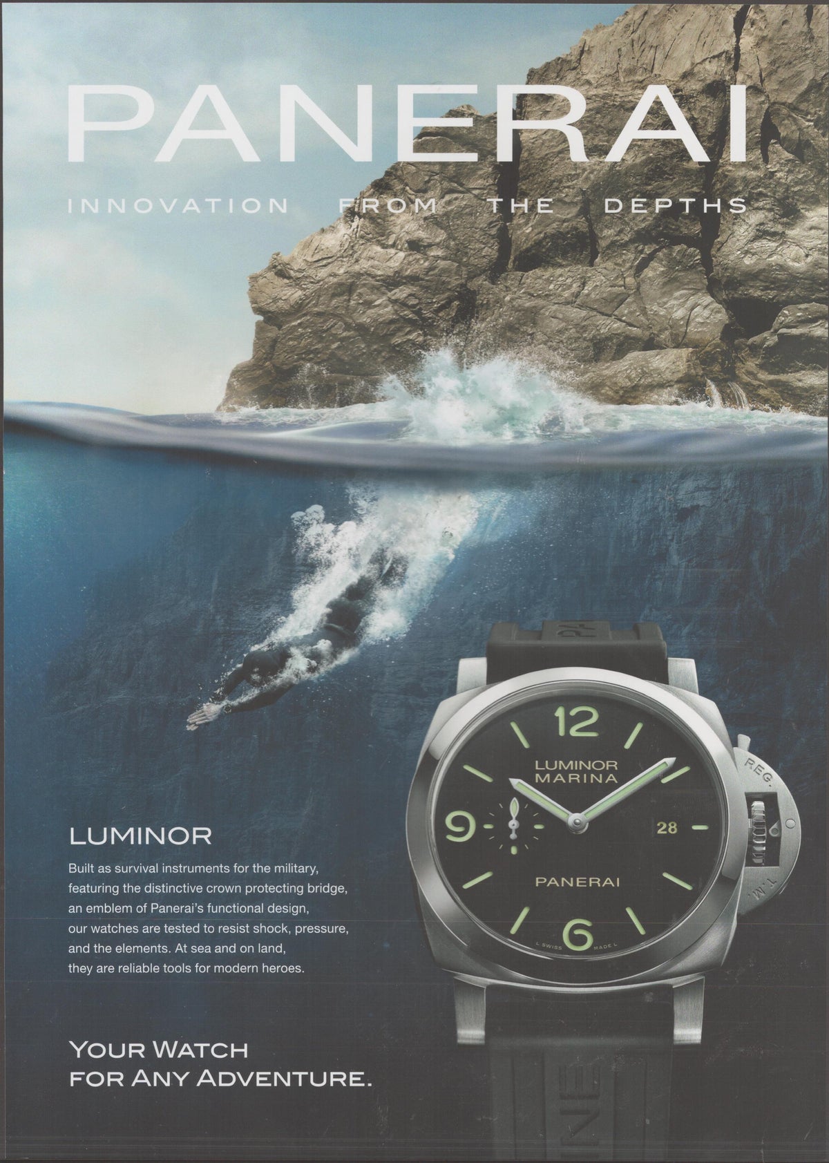 Vintage 2000s Panerai Luminor Marina original print advertisement, split underwater image of diver beneath crashing surf with large watch dial featuring green luminous numerals