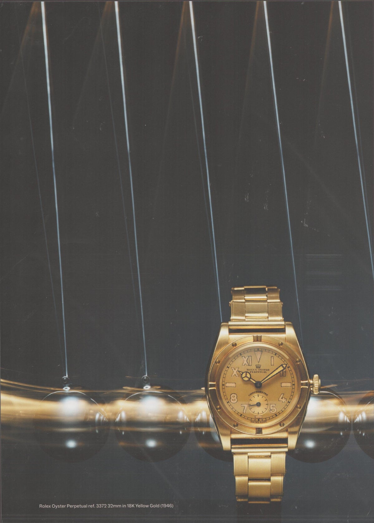 Vintage 1946 Rolex Oyster Perpetual Ref. 3372 original print advertisement, 18K yellow gold watch on dark background with sweeping geometric light reflections