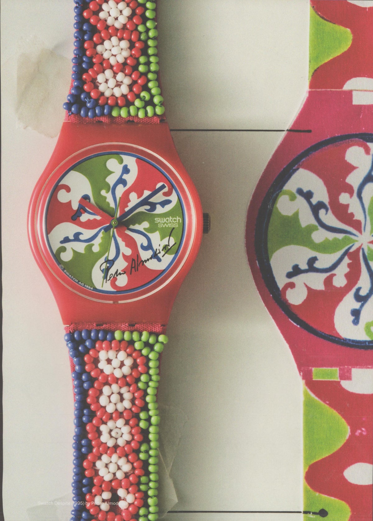 Vintage 1995 Swatch Delorde original print advertisement, boldly colored designer watch with beaded strap and Pedro Almodóvar signed dial in red, green, blue and white