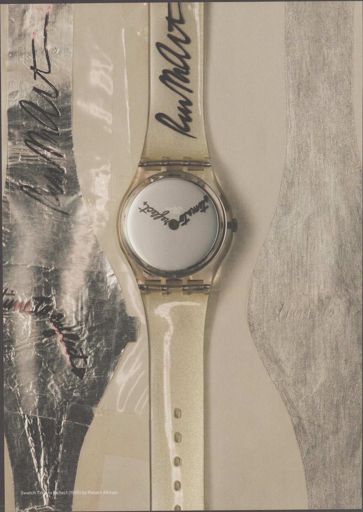 Vintage 1995 Swatch Time to Reflect original print advertisement, translucent watch with script lettering displayed against abstract foil and linen textures by Robert Altman