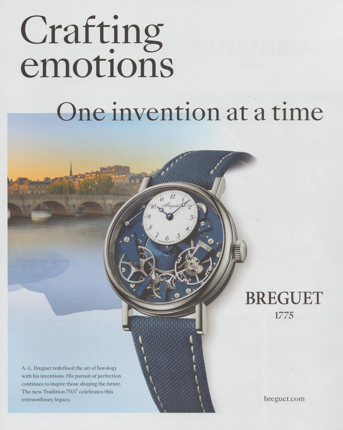 Vintage 2010s Breguet Tradition 7037 original print advertisement, skeletonized blue dial watch displayed against a Parisian riverside at golden hour