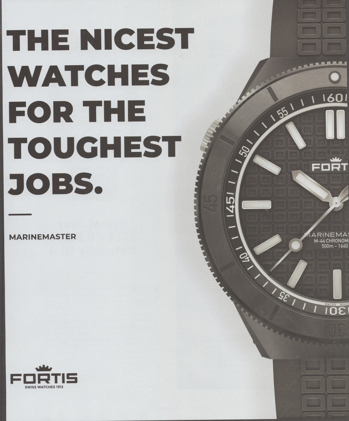 Vintage 2000s Fortis Marinemaster M-44 Chronometer original print advertisement, bold black typography on white background with dramatic close-up of black dive watch face and rubber strap