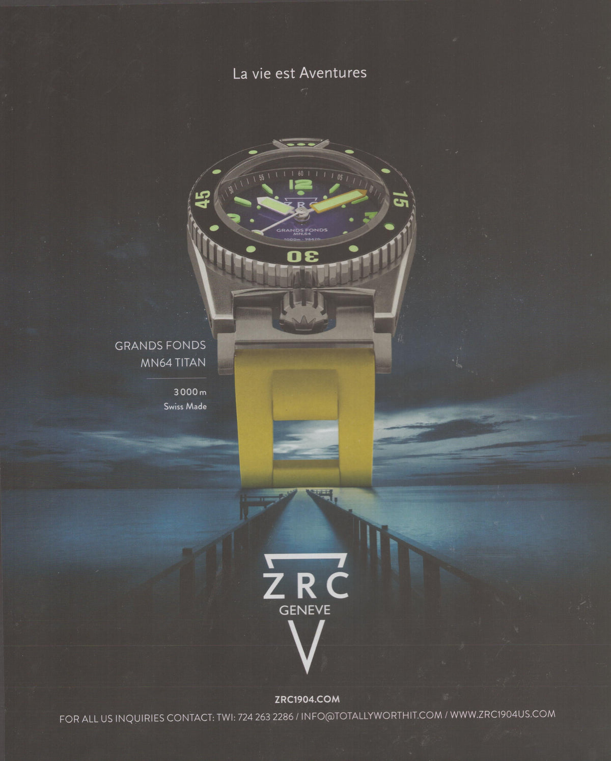 Vintage 2000s ZRC Genève Grands Fonds MN64 Titan original print advertisement, titanium dive watch with yellow rubber strap floating above a moonlit pier seascape