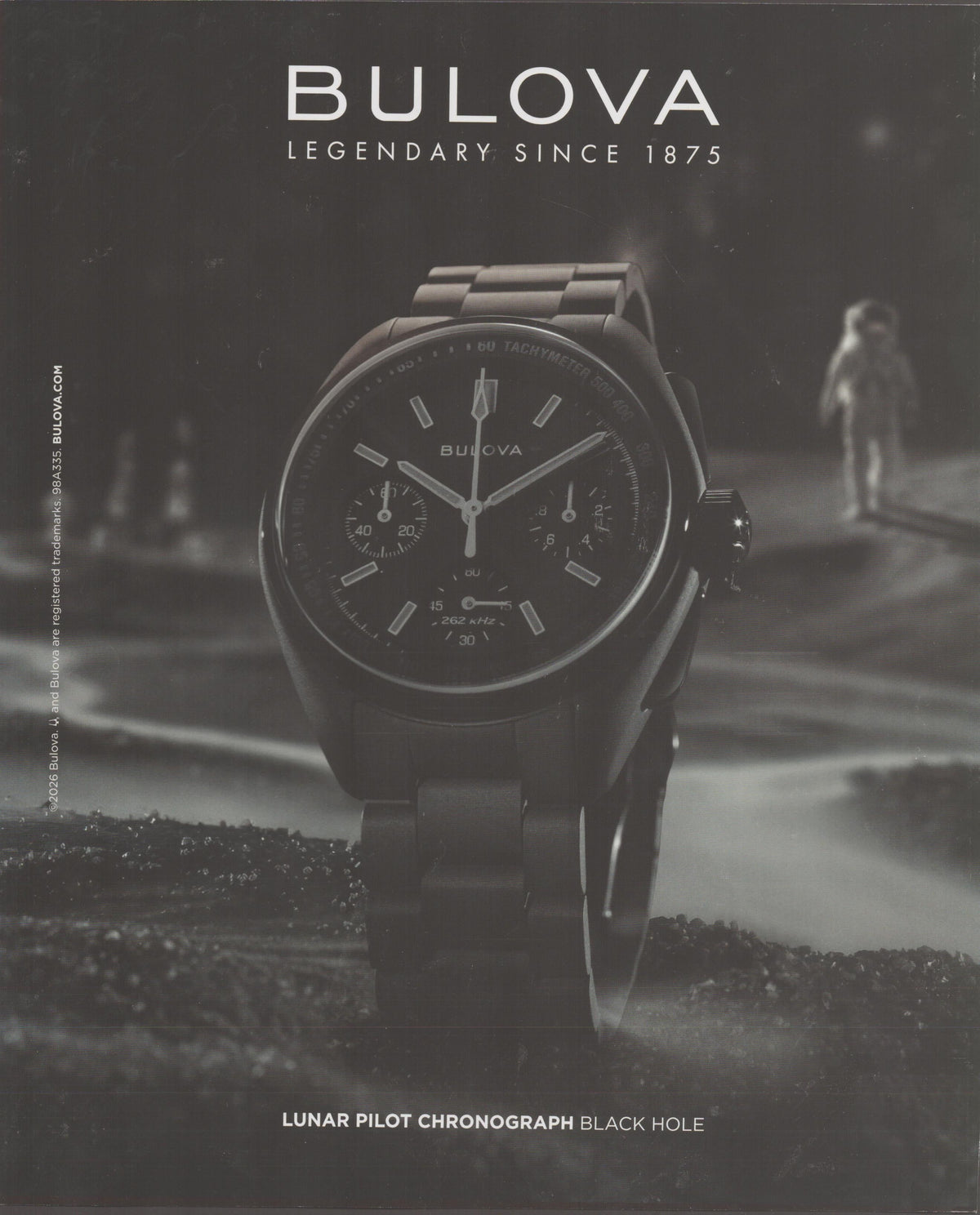 Vintage 2026 Bulova Lunar Pilot Chronograph Black Hole original print advertisement, all-black chronograph watch on lunar surface with astronaut figures in background, black and white photography