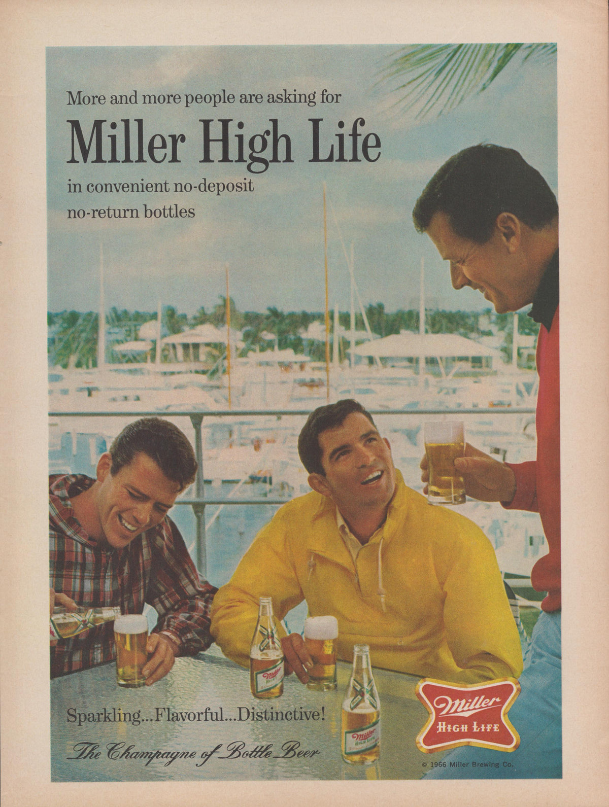 Vintage 1966 Miller High Life original print advertisement, three men laughing at an outdoor marina bar with beer bottles and mugs, yachts in background