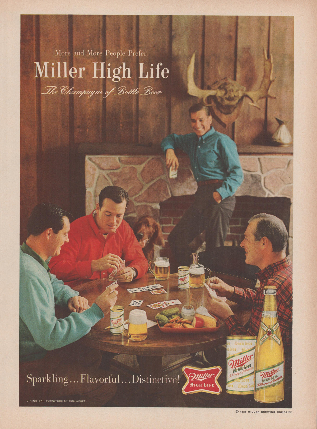 Vintage 1966 Miller High Life original print advertisement, four men playing cards in a rustic wood-paneled lodge with stone fireplace, beer mugs on table and antlers mounted on wall
