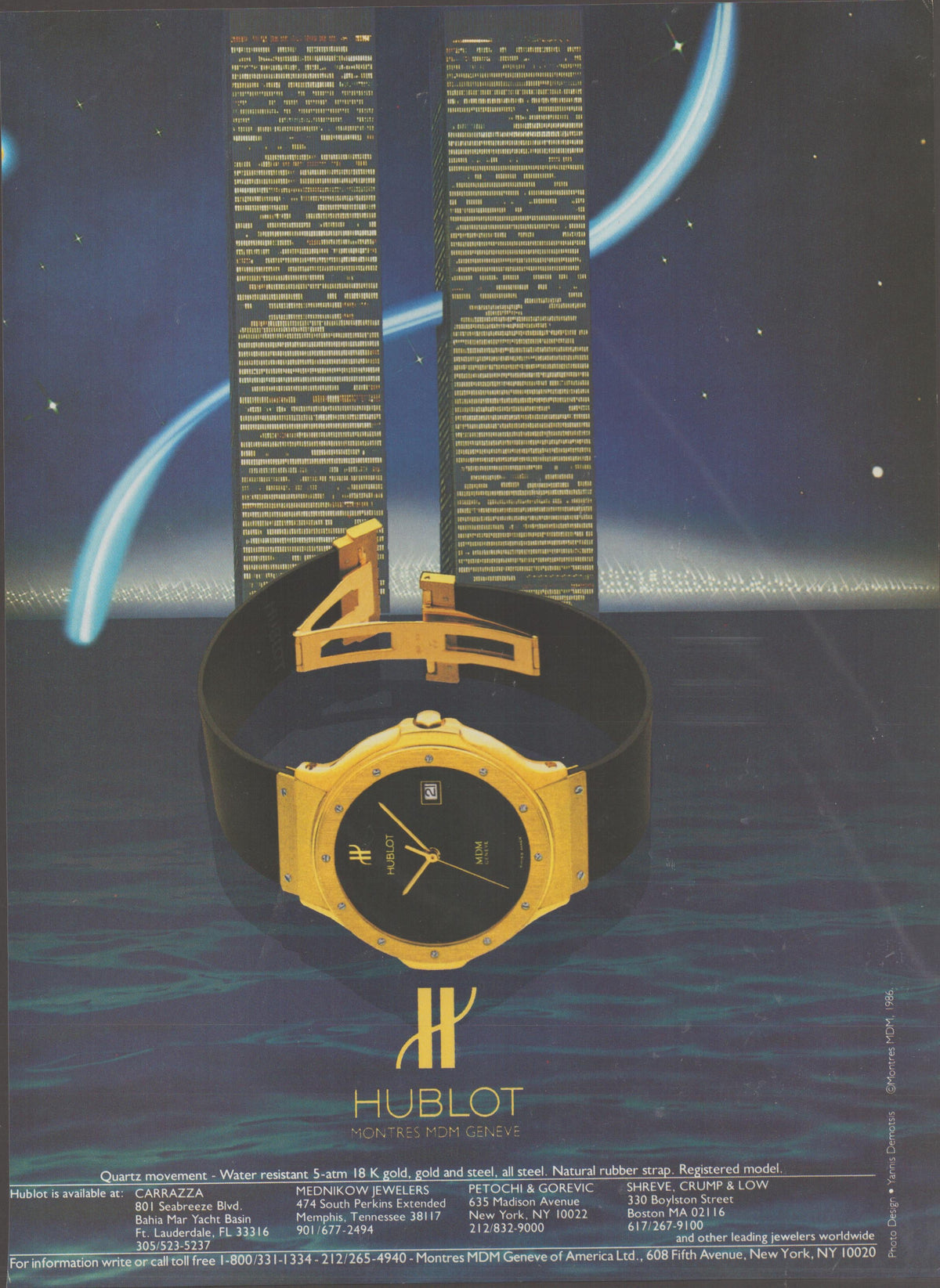 Vintage 1985 Hublot Classic MDM Genève original print advertisement, gold and black rubber strap watch against surreal cosmic twin tower cityscape background