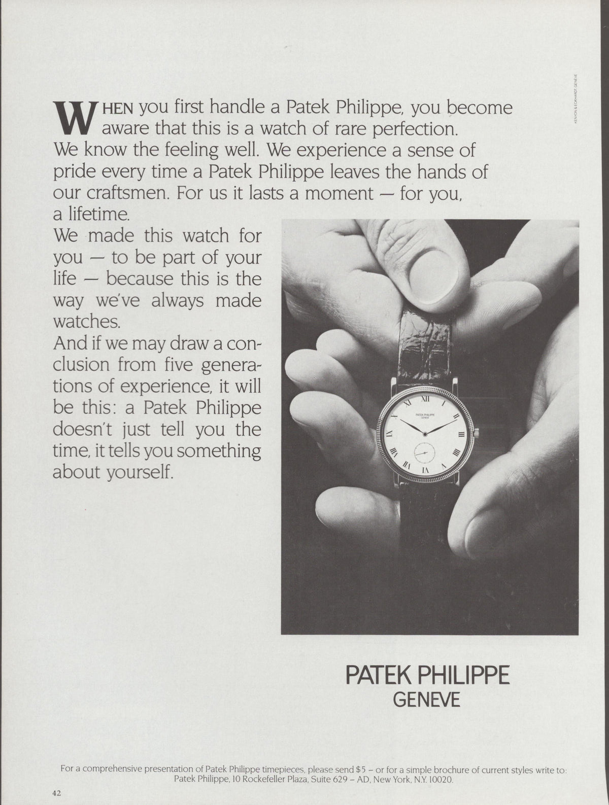 Vintage 1970s Patek Philippe Geneve original print advertisement, black and white image of hands holding a slim dress watch with Roman numeral dial