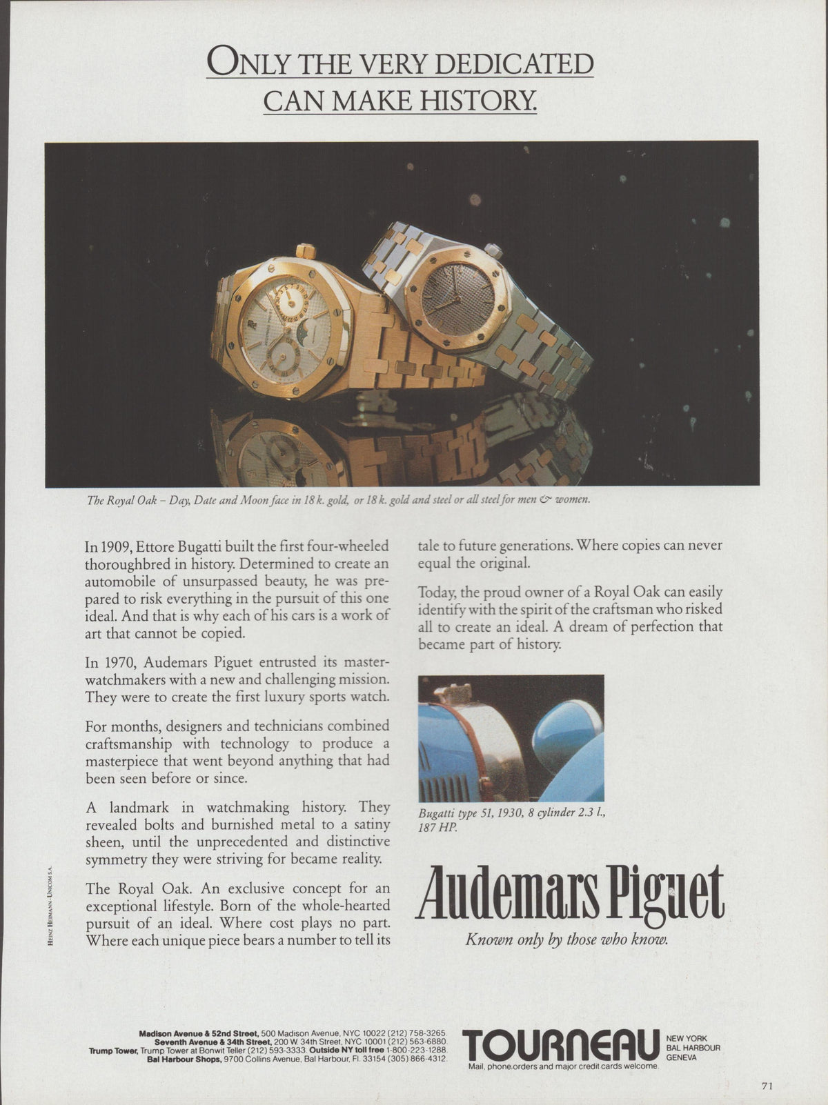 Vintage 1980s Audemars Piguet Royal Oak Day-Date Moon Phase original print advertisement, gold and steel watches on dark background with Bugatti Type 51 inset image