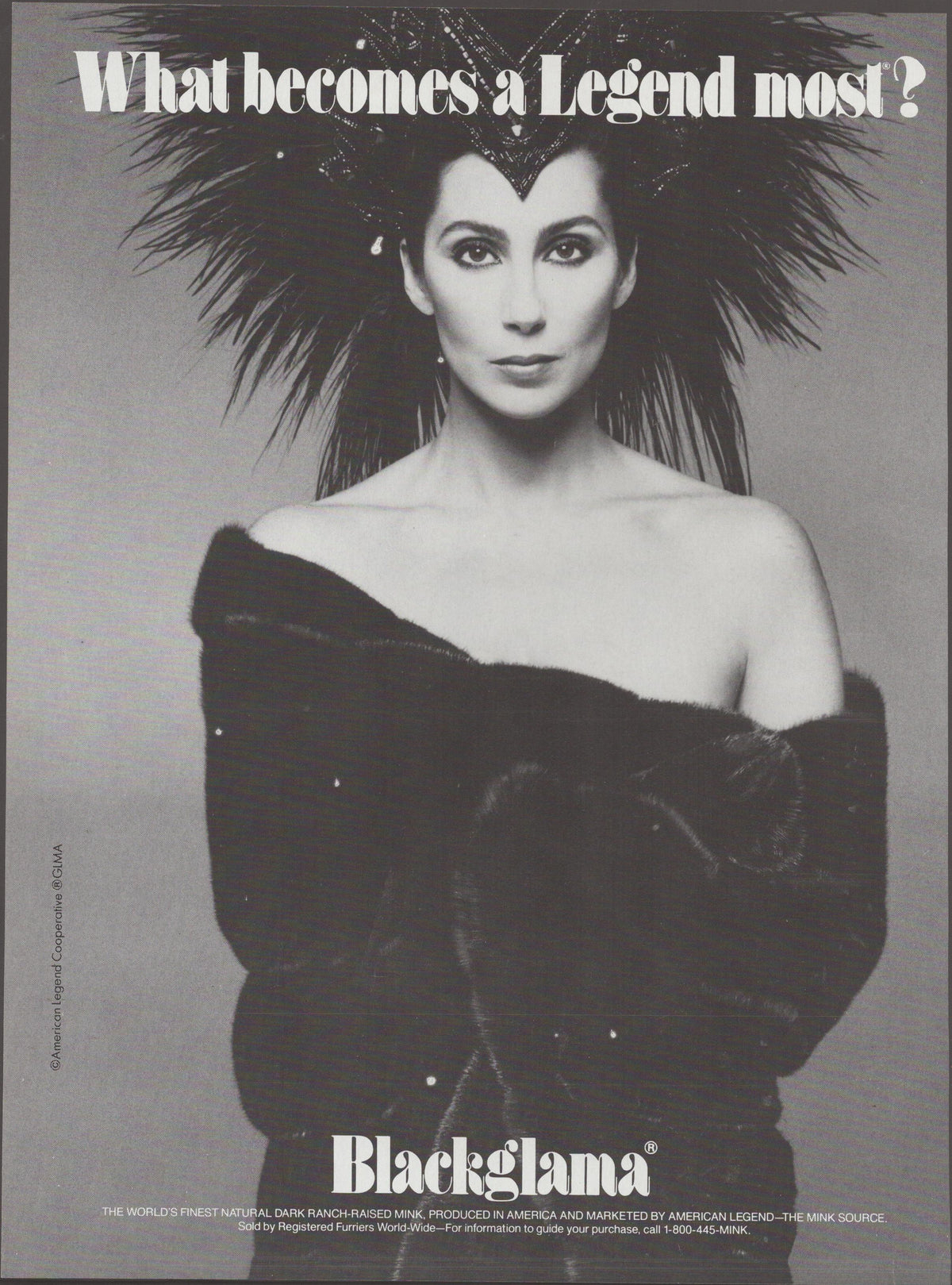 Vintage 1985 Blackglama mink original print advertisement, Cher wearing off-shoulder dark mink coat and dramatic feathered headdress, black and white photograph with 'What Becomes a Legend Most?' headline