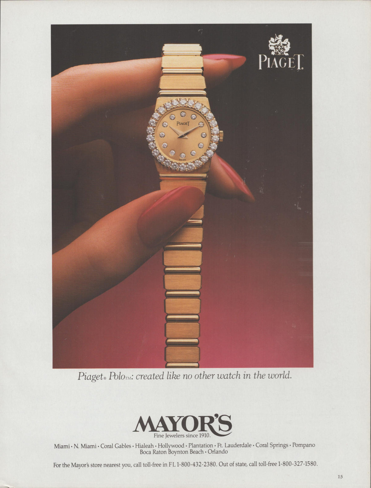 Vintage 1985 Piaget Polo original print advertisement, woman's hand holding gold diamond-bezel dress watch against dark background