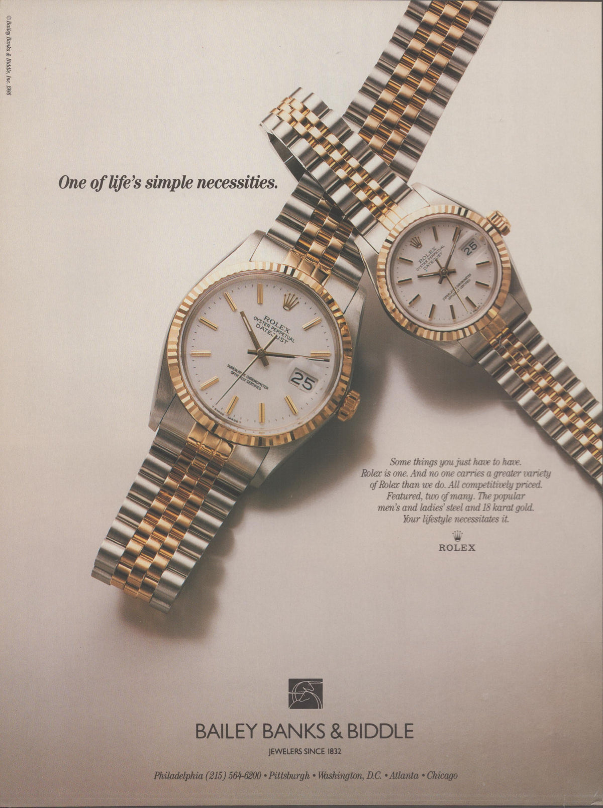 Vintage 1980s Rolex Datejust original print advertisement, his and hers two-tone steel and gold models on Jubilee bracelets against cream background, Bailey Banks & Biddle retailer ad