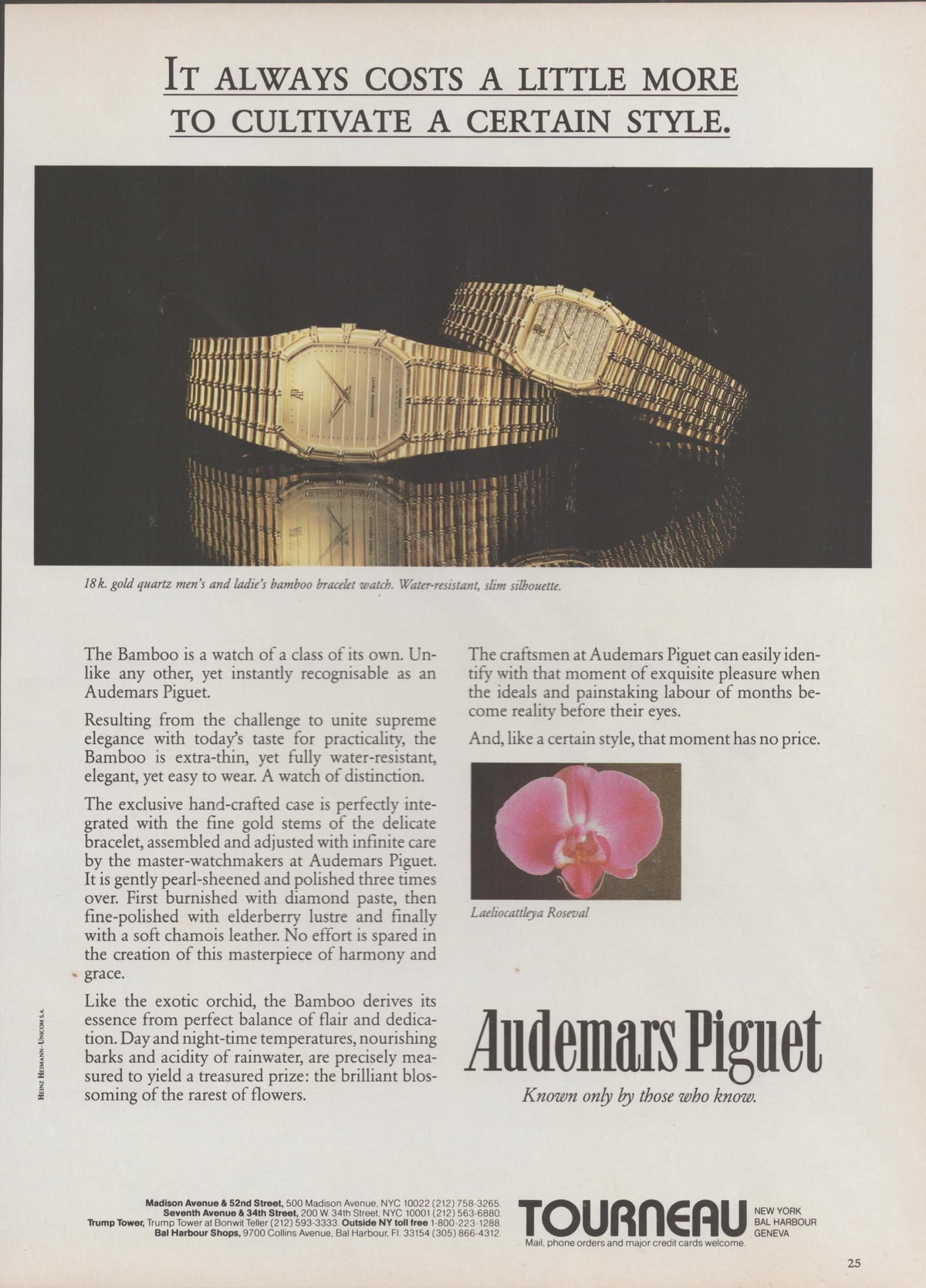 Vintage 1980s Audemars Piguet Bamboo original print advertisement, two 18k gold bamboo bracelet watches on black reflective surface with orchid inset