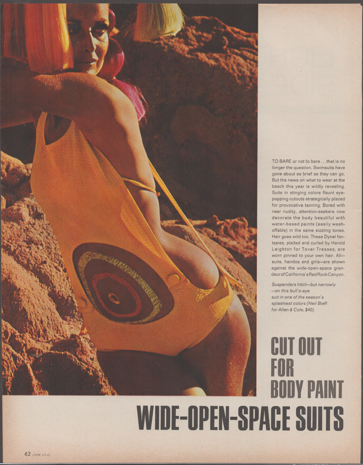 Vintage 1967 Allen &amp; Cole swimsuit original print advertisement, model in bold bull's-eye yellow cutout swimsuit posed against Red Rock Canyon rocks with psychedelic Dynel hair