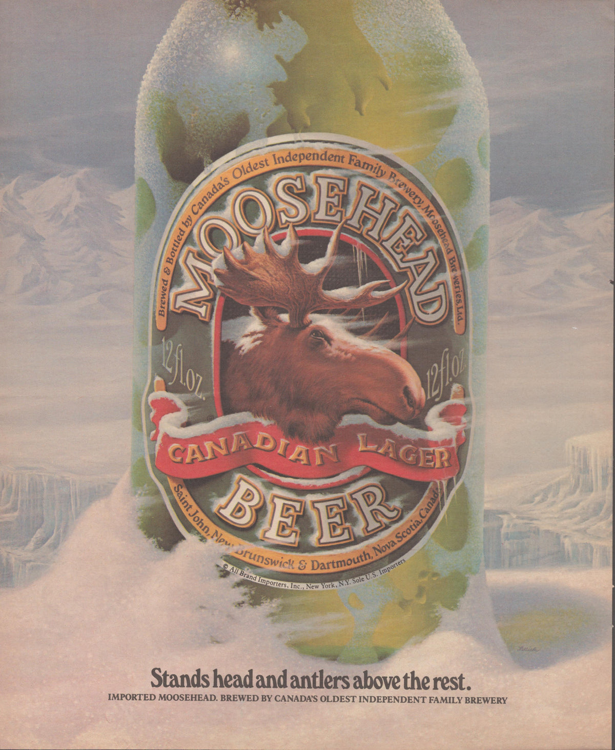 Vintage 1980s Moosehead Canadian Lager Beer original print advertisement, oversized ice-frosted green bottle with illustrated moose label against snowy Arctic landscape