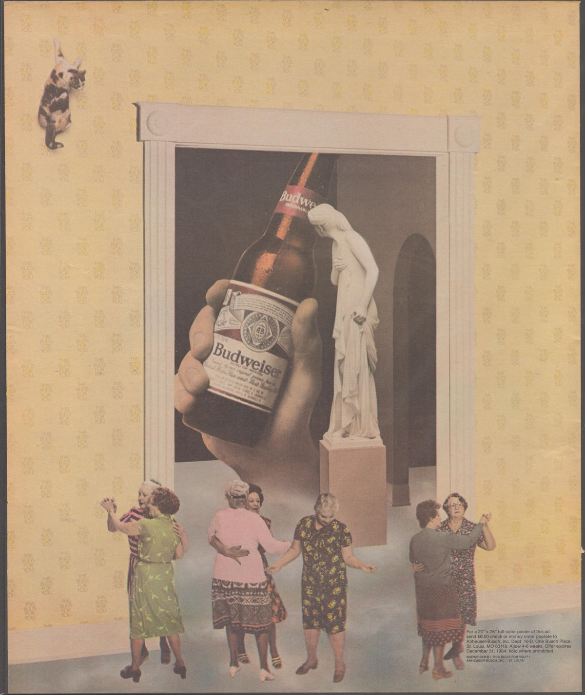 Vintage 1984 Budweiser original print advertisement, surrealist scene of elderly women admiring a giant framed painting of a hand holding a Budweiser bottle next to a classical statue