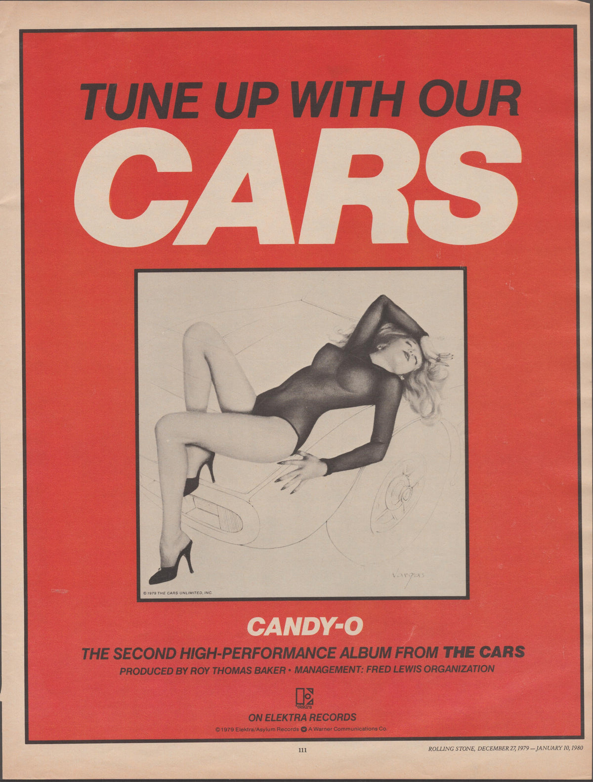 Vintage 1979 The Cars Candy-O Elektra Records original print advertisement, bold red background with pin-up illustration and 'Tune Up With Our Cars' headline