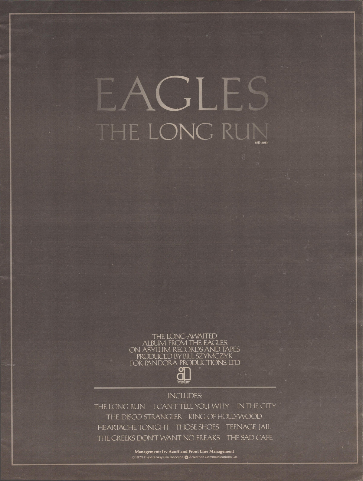 Vintage 1979 Eagles The Long Run original print advertisement, dark brown minimalist design with silver serif typography listing album tracks on Asylum Records