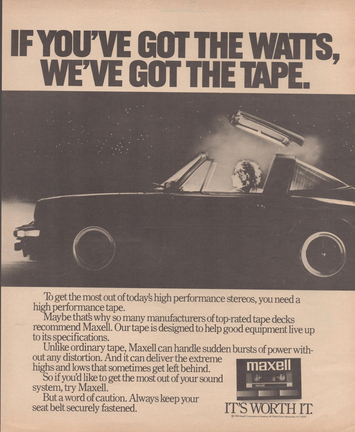 Vintage 1982 Maxell cassette tape original print advertisement, dramatic black and white image of a Porsche 911 Targa with speakers mounted on roof under a starlit sky