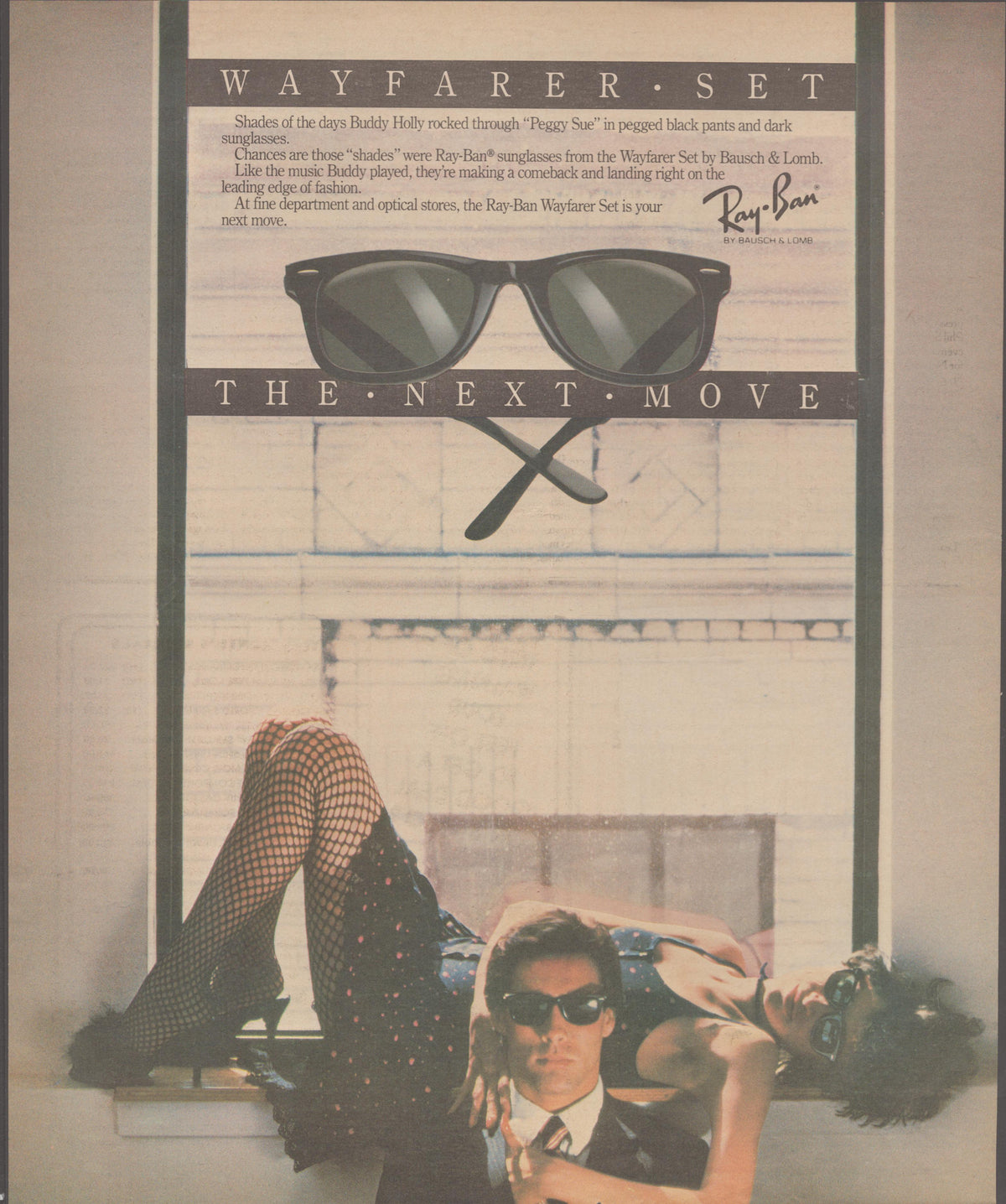 Vintage 1980s Ray-Ban Wayfarer Set original print advertisement, featuring black Wayfarer sunglasses above a stylish man and woman in an editorial fashion setting