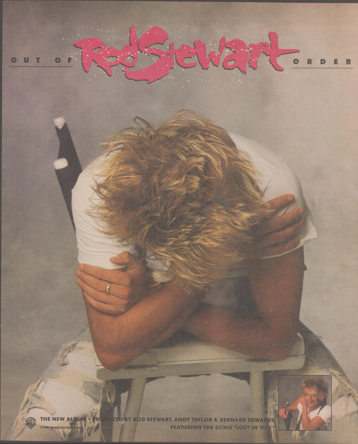 Vintage 1988 Rod Stewart Out of Order album original print advertisement, featuring Rod Stewart seated on a stool with head bowed and signature spiky blonde hair, bold red logo typography at top