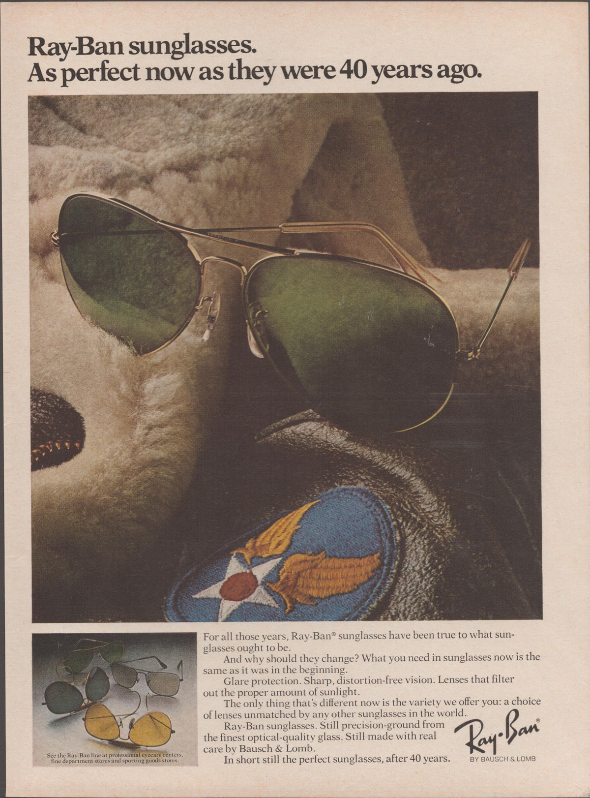 Vintage 1977 Ray-Ban Aviator original print advertisement, gold aviator sunglasses resting on WWII shearling flight jacket with U.S. Army Air Forces patch