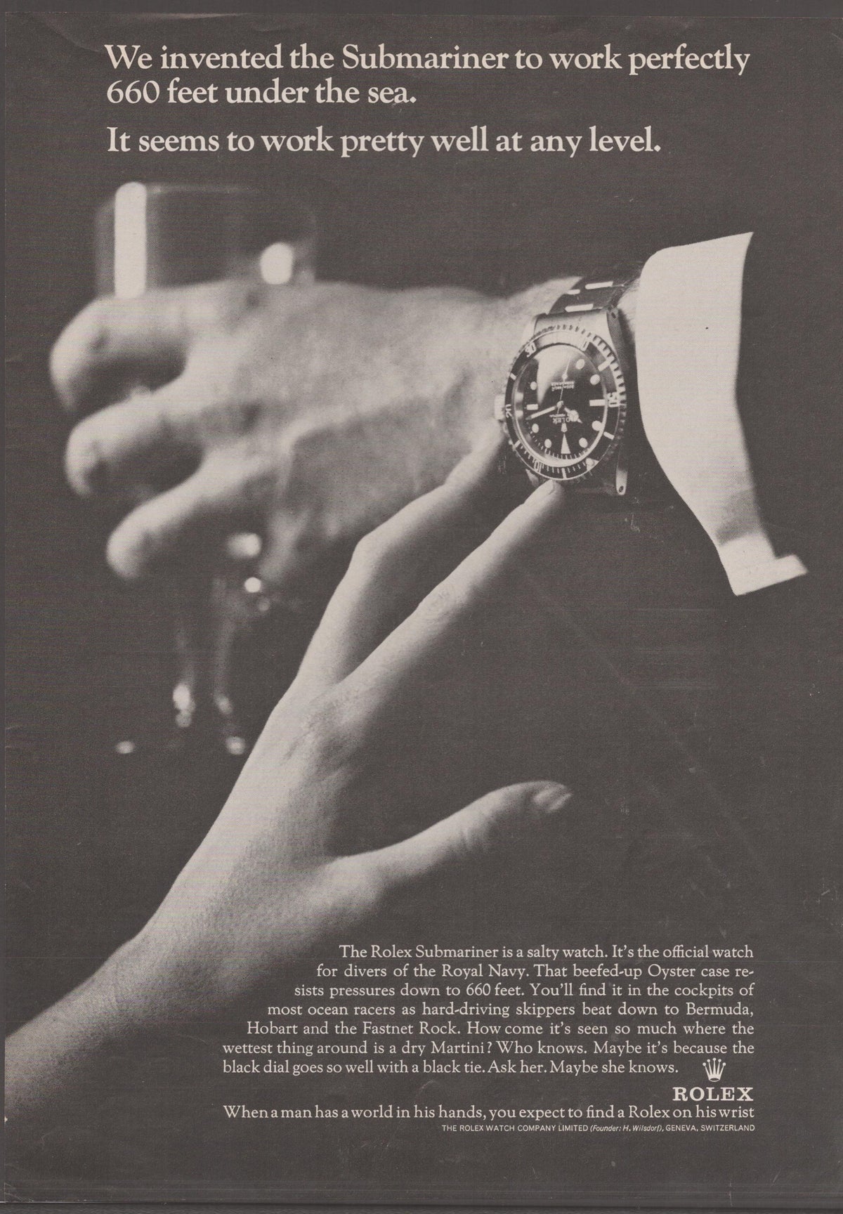 Vintage 1960s Rolex Submariner original print advertisement, black and white image of woman's hand admiring Submariner on suited man's wrist holding a cocktail glass