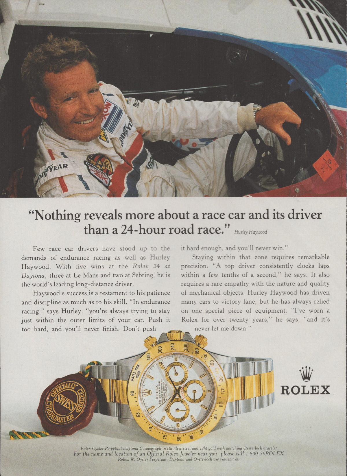 Vintage 1990s Rolex Daytona Cosmograph original print advertisement, Hurley Haywood in racing suit seated in race car cockpit with two-tone Rolex Daytona watch displayed below