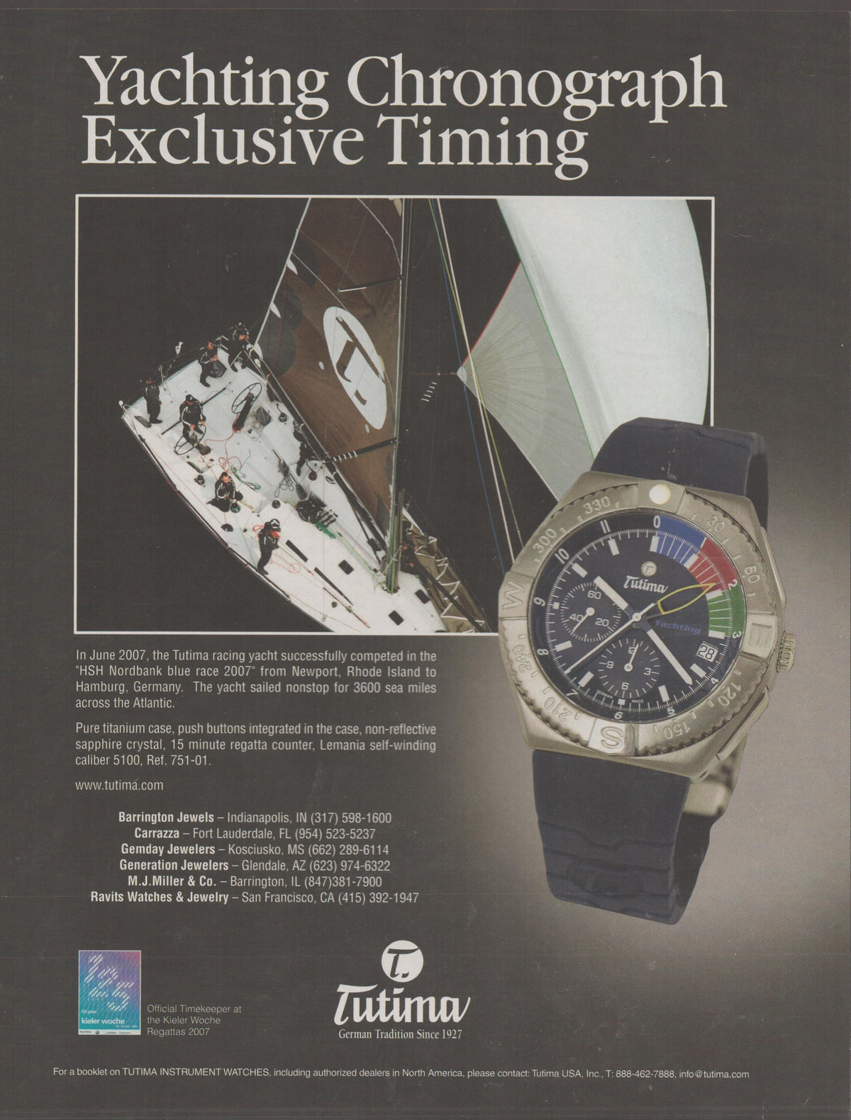Vintage 2007 Tutima Yachting Chronograph Ref. 751-01 original print advertisement, aerial view of racing yacht under sail alongside titanium chronograph watch with blue dial and regatta bezel