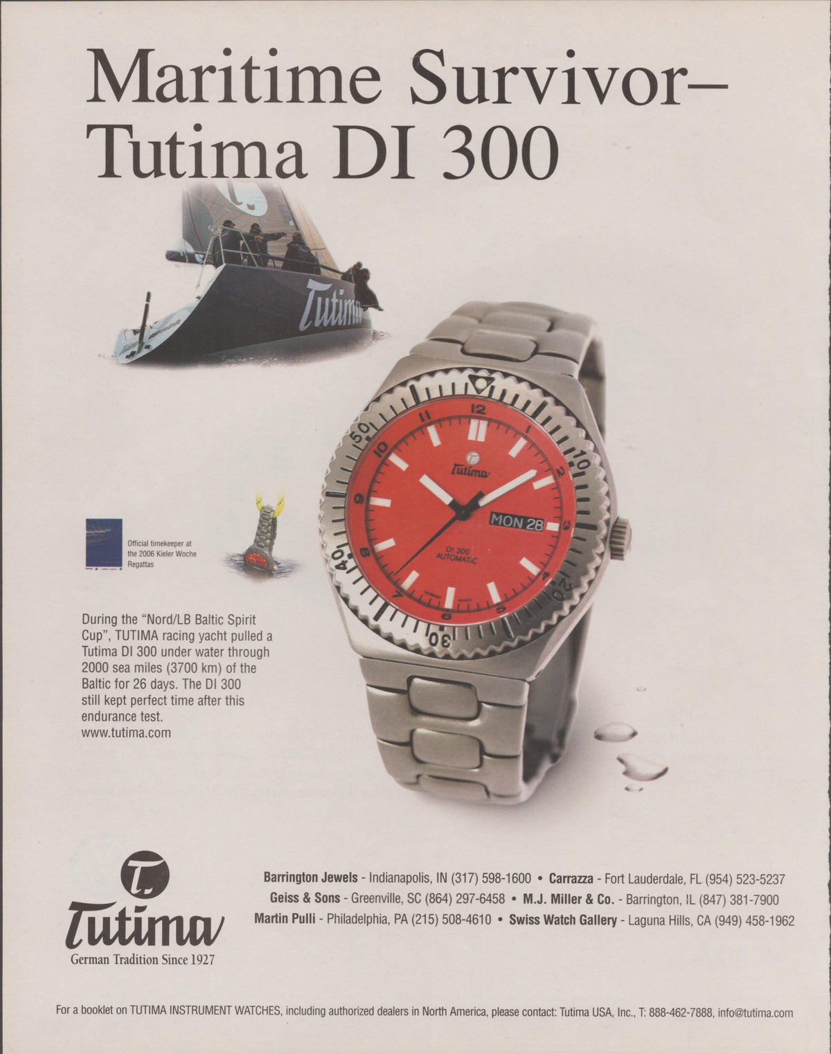 Vintage 2006 Tutima DI 300 original print advertisement, bold red dial diver watch with sailing yacht illustration and maritime endurance story